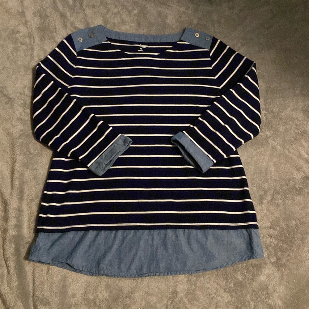 Kim Rogers Nautical Navy Striped Over Denim Layered-Look 3/4 Sleeve Anchor Top